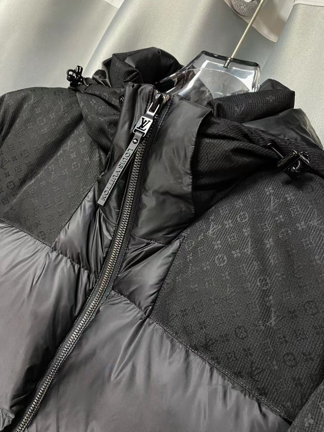 Men’s Black Luxury Puffer Jacket – Monogram Textured Panels | Premium Winter Edition