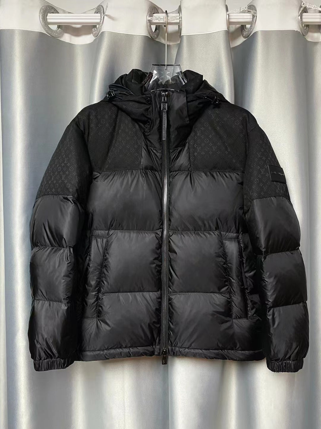 Men’s Black Luxury Puffer Jacket – Monogram Textured Panels | Premium Winter Edition