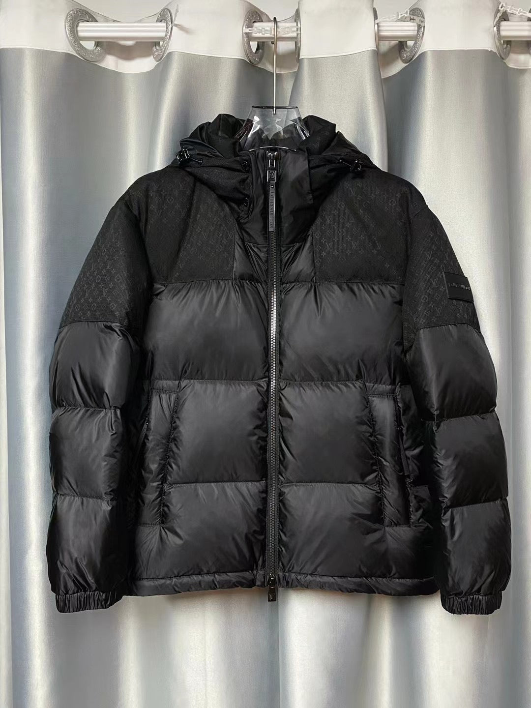 Men’s Black Luxury Puffer Jacket – Monogram Textured Panels | Premium Winter Edition
