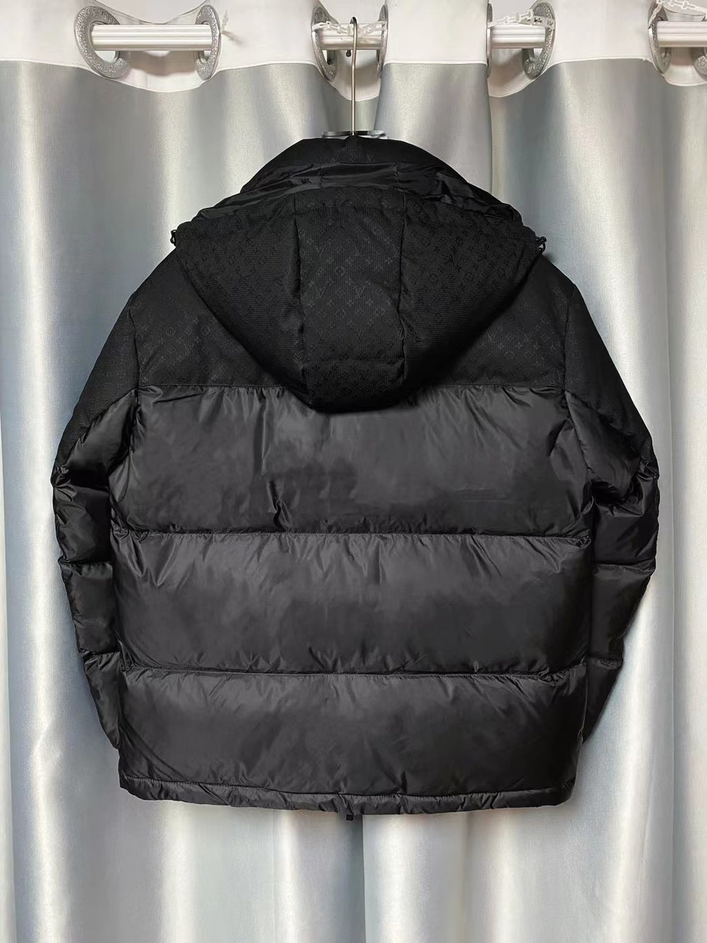 Men’s Black Luxury Puffer Jacket – Monogram Textured Panels | Premium Winter Edition