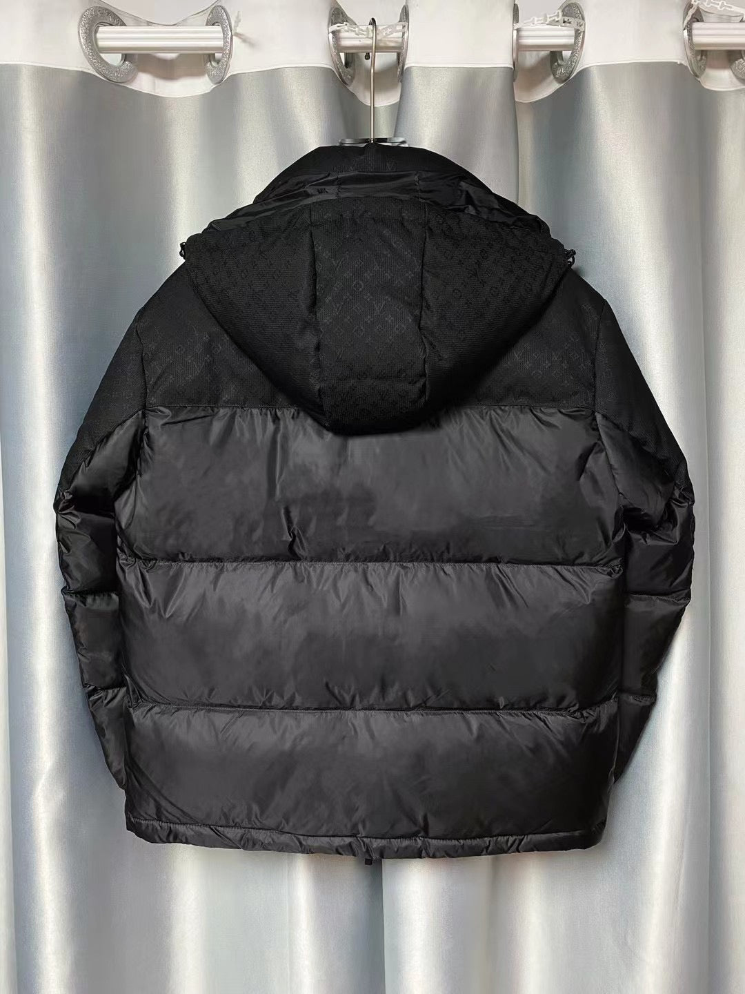 Men’s Black Luxury Puffer Jacket – Monogram Textured Panels | Premium Winter Edition