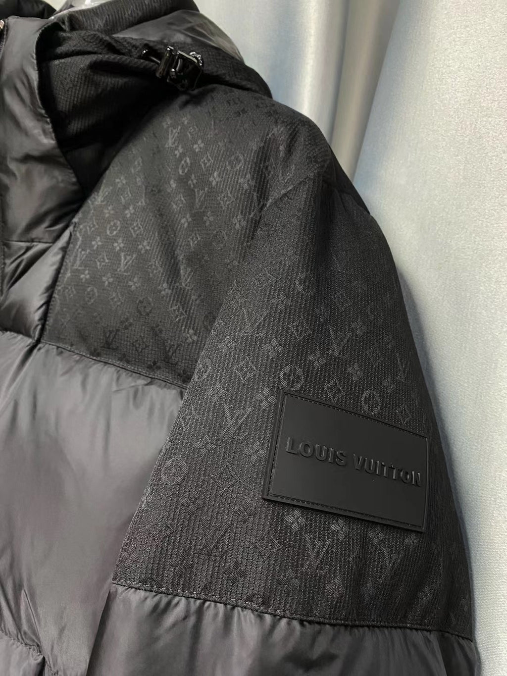 Men’s Black Luxury Puffer Jacket – Monogram Textured Panels | Premium Winter Edition