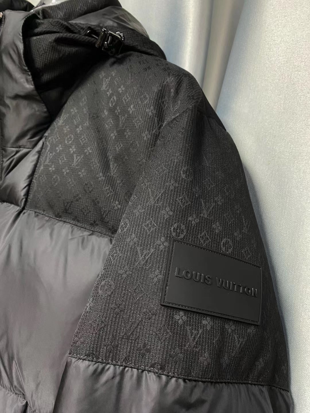Men’s Black Luxury Puffer Jacket – Monogram Textured Panels | Premium Winter Edition