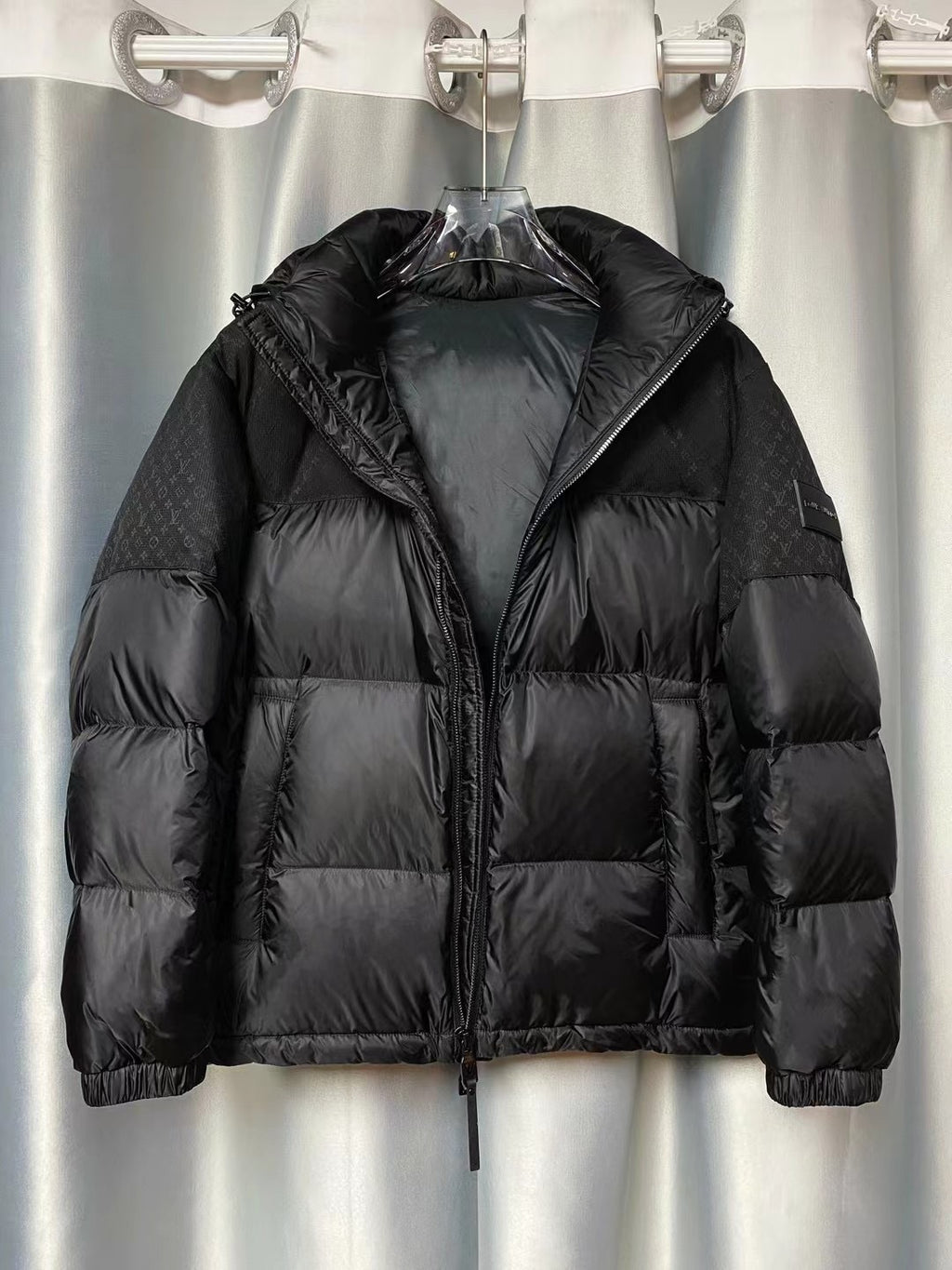 Men’s Black Luxury Puffer Jacket – Monogram Textured Panels | Premium Winter Edition