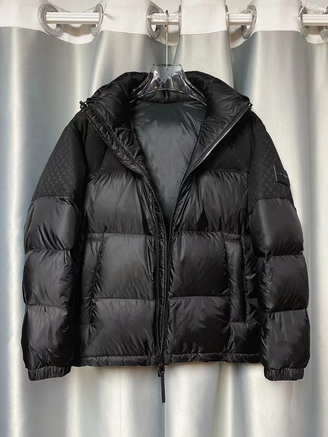 Men’s Black Luxury Puffer Jacket – Monogram Textured Panels | Premium Winter Edition