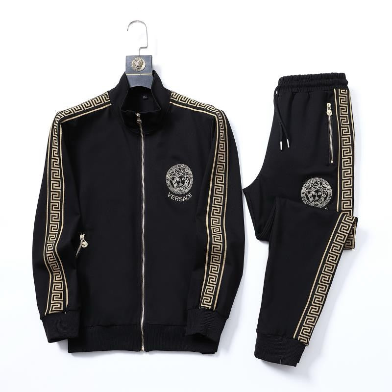 Men’s Luxury Black Tracksuit Set – Gold Embroidered Trim | 2-Piece Jacket & Joggers