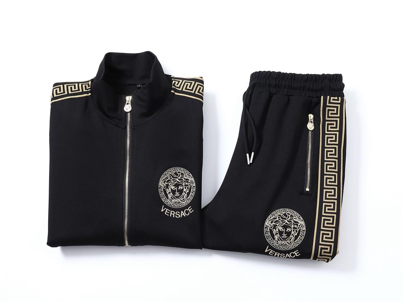 Men’s Luxury Black Tracksuit Set – Gold Embroidered Trim | 2-Piece Jacket & Joggers