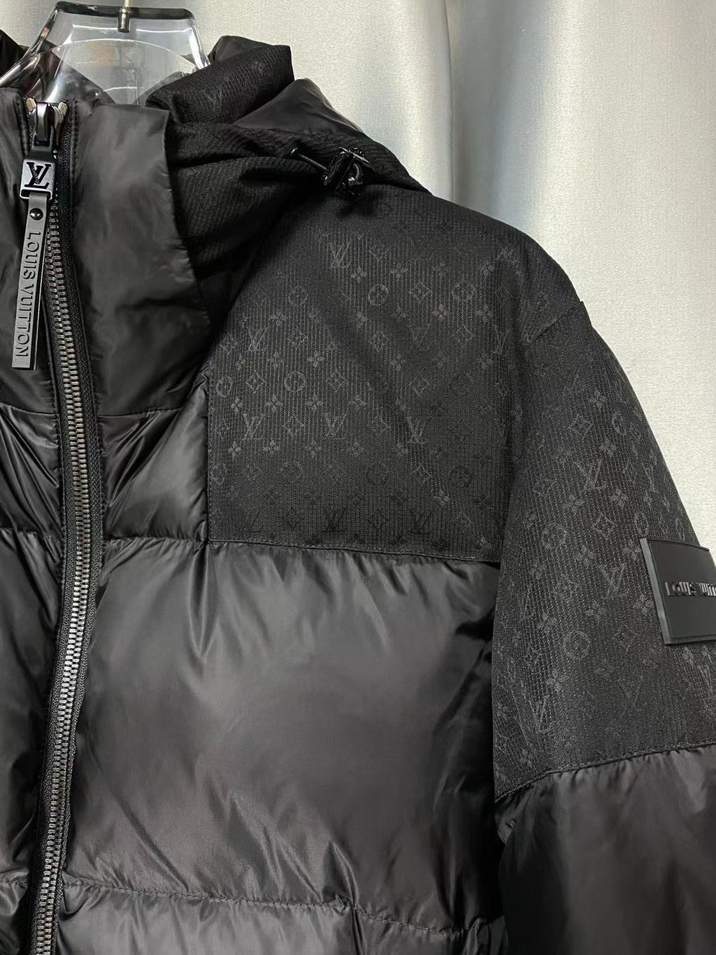 Men’s Black Luxury Puffer Jacket – Monogram Textured Panels | Premium Winter Edition